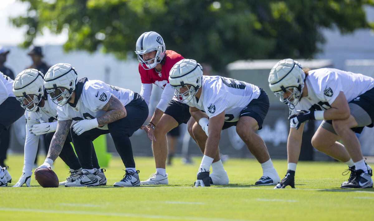 Raiders quarterback Gardner Minshew (15) takes a snap during the first day of training camp at ...