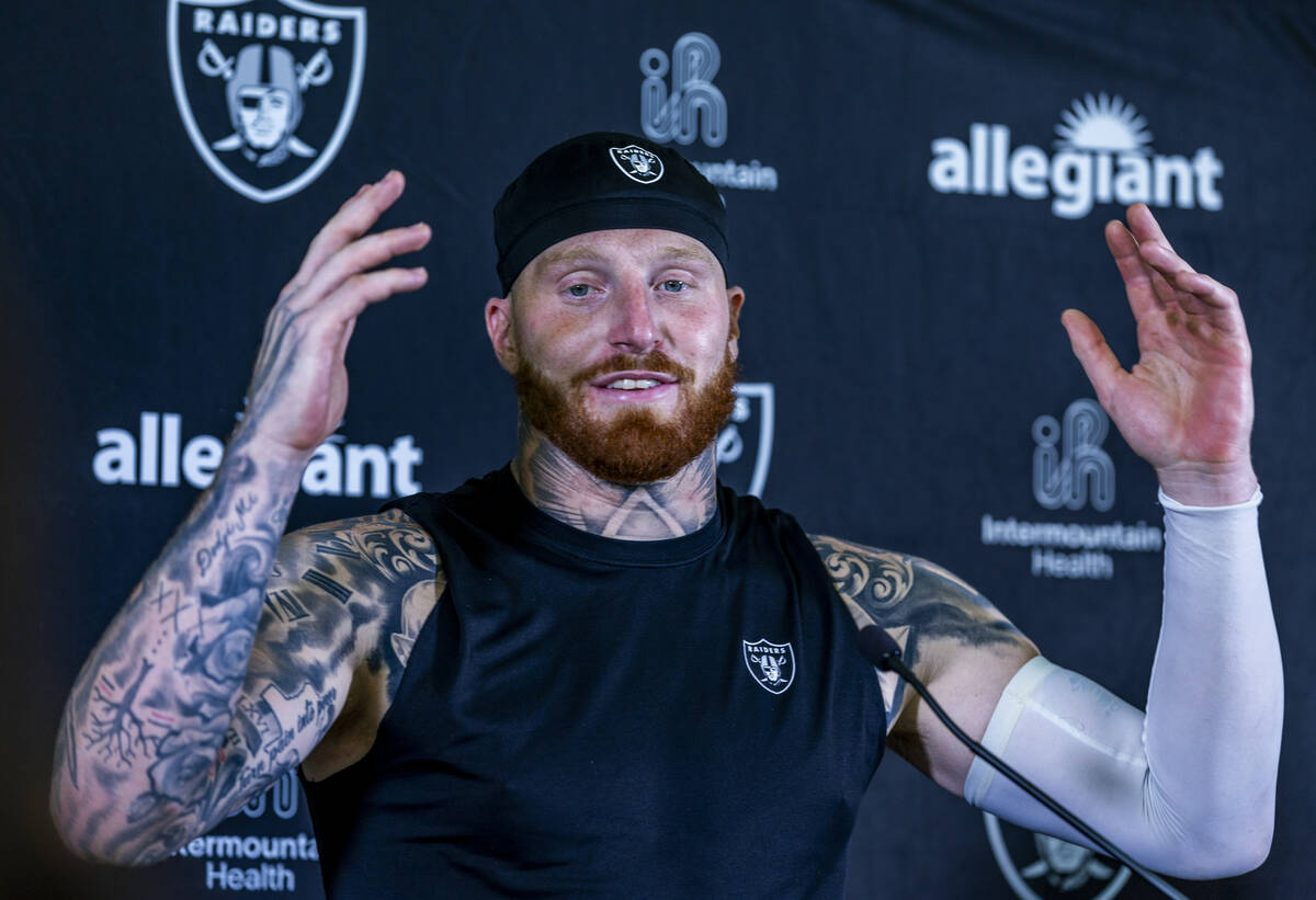 Raiders defensive end Maxx Crosby (98) answers a question during a media interview on the first ...