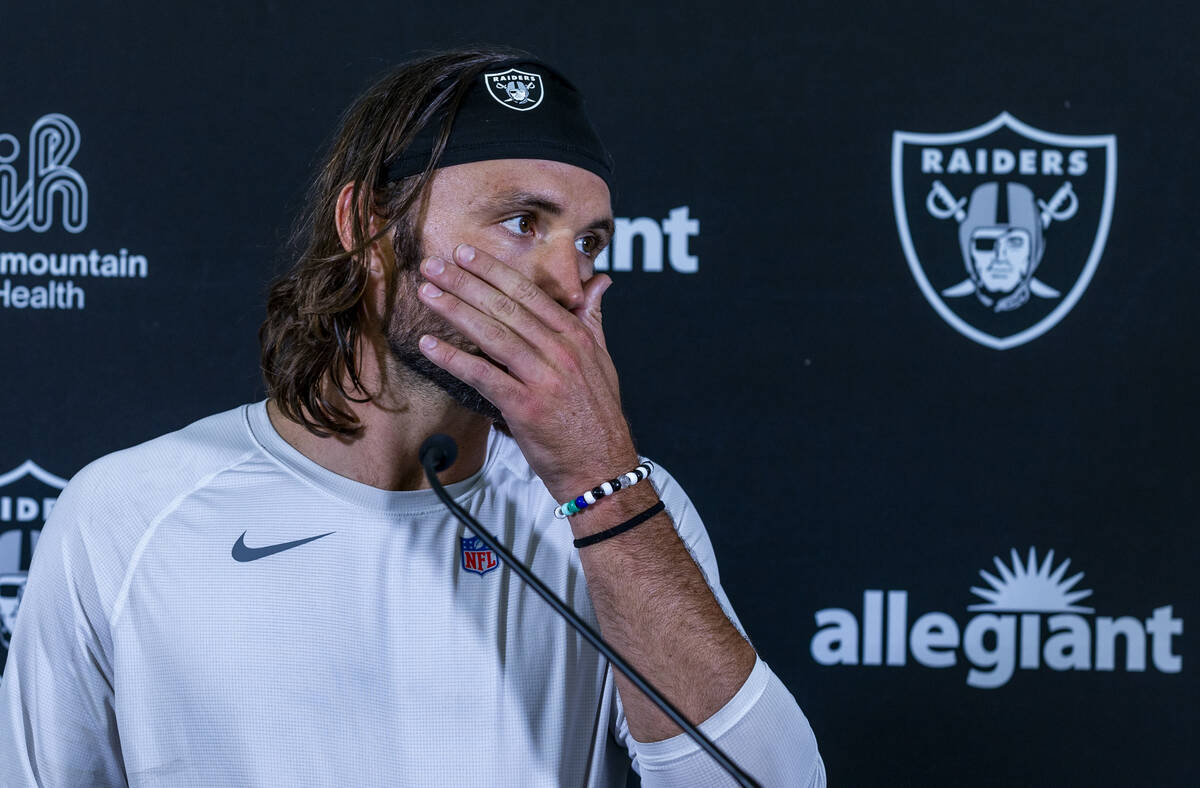 Raiders quarterback Gardner Minshew (15) considers a question during a media interview on the f ...