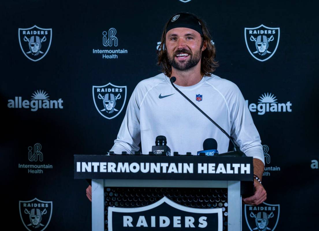 Raiders quarterback Gardner Minshew (15) listens to a question during a media interview on the ...