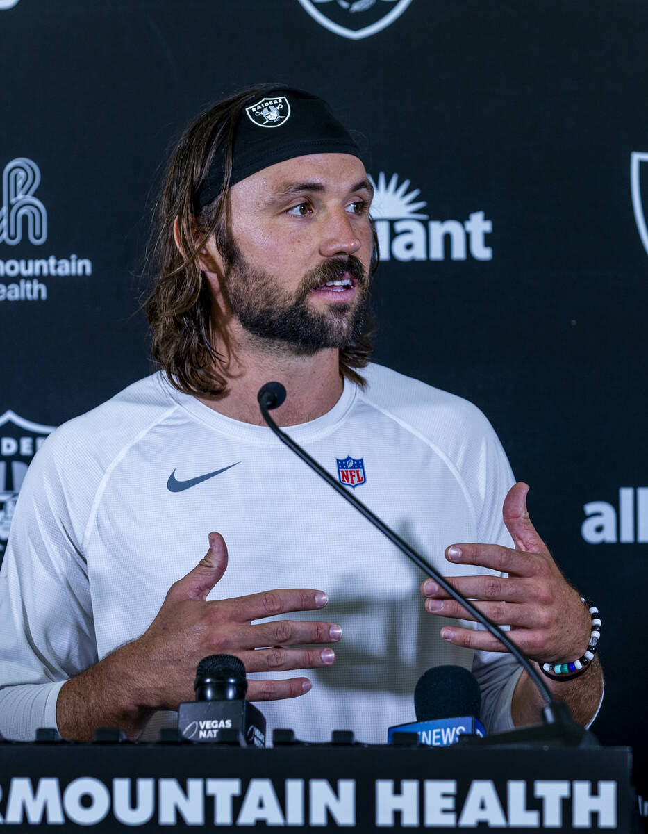 Raiders quarterback Gardner Minshew (15) responds to a question during a media interview on the ...