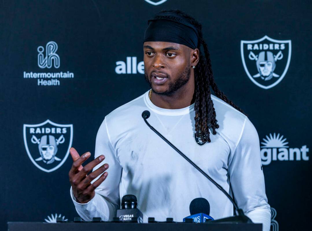 Raiders Wide Receiver Davante Adams (17) answers a question during a media interview on the fir ...