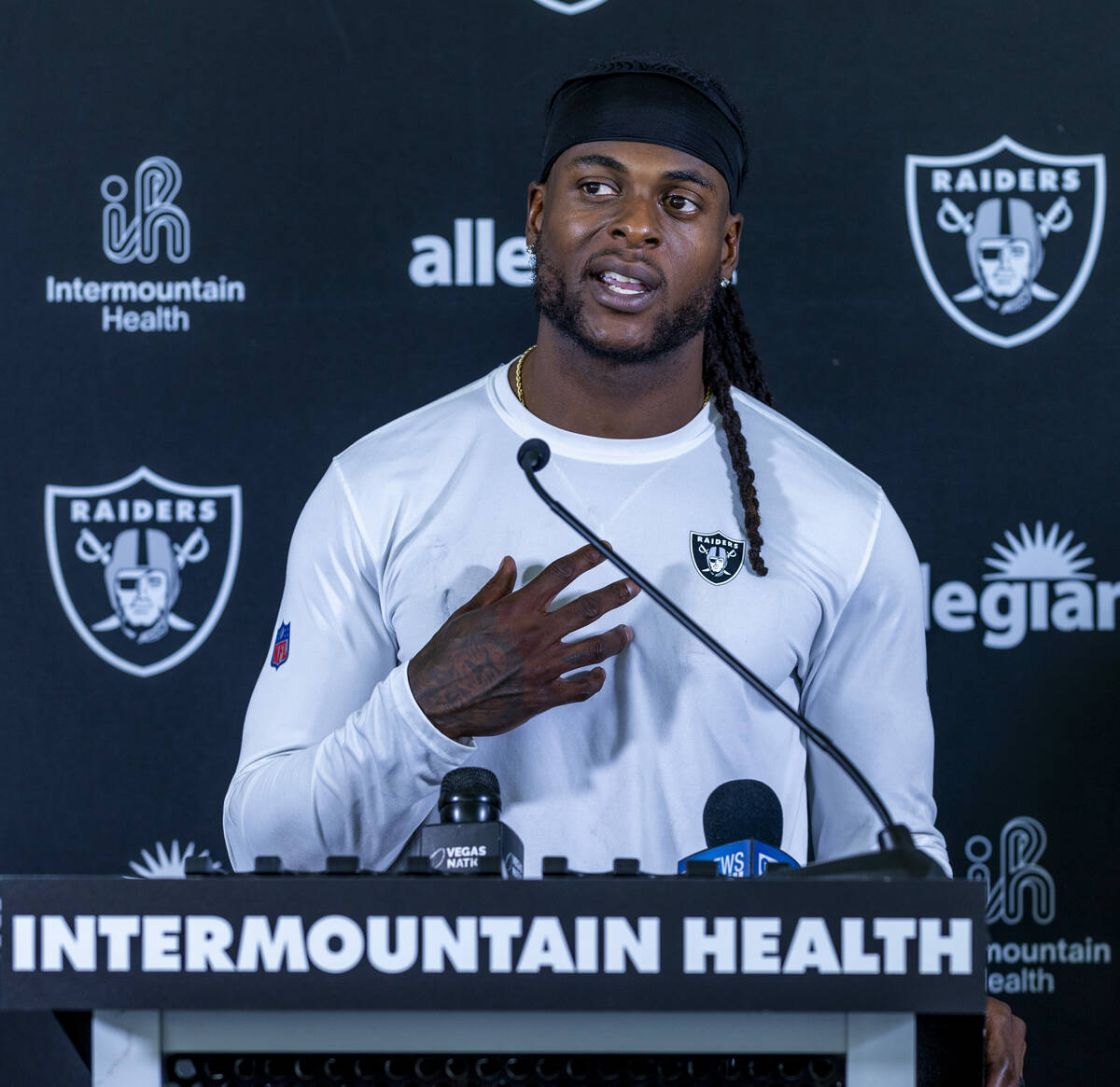 Raiders Wide Receiver Davante Adams (17) answers a question during a media interview on the fir ...