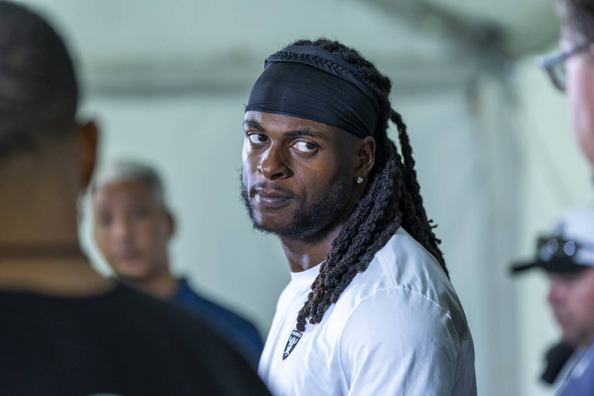 Raiders Wide Receiver Davante Adams (17) listens to a question during a media interview on the ...