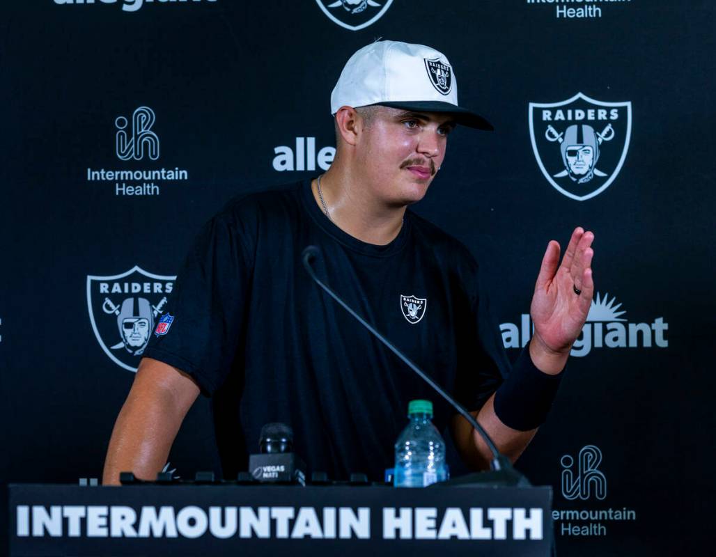 Raiders quarterback Aidan O'Connell answers a question during a media interview on the first da ...