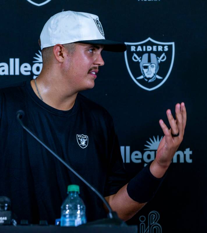 Raiders quarterback Aidan O'Connell answers a question during a media interview on the first da ...