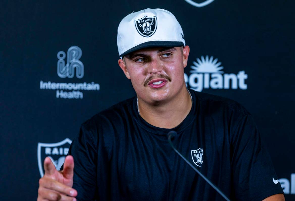 Raiders quarterback Aidan O'Connell answers a question during a media interview on the first da ...