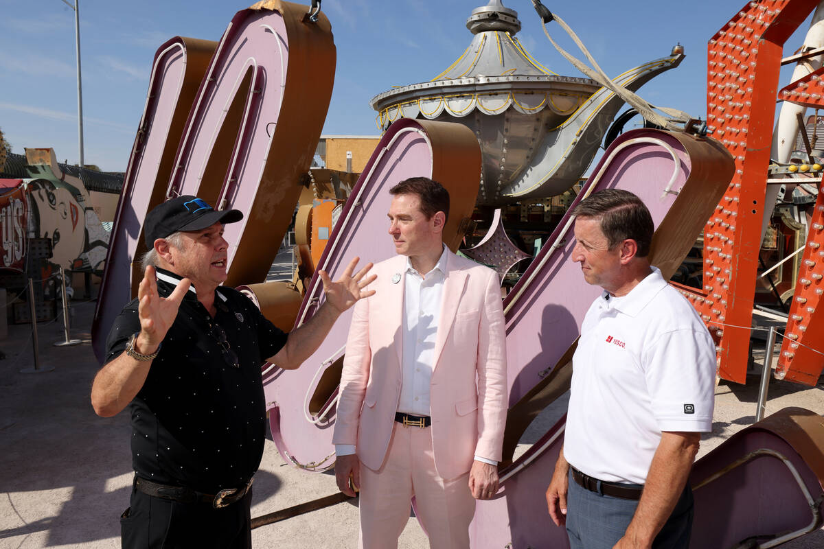 Todd Fisher, donor and son of Debbie Reynolds, from left, Neon Museum Executive Director Aaron ...