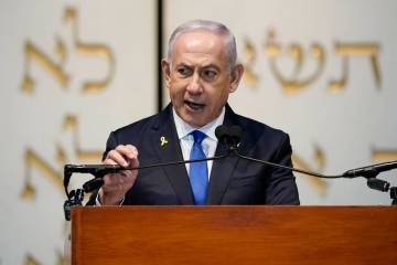 Israeli Prime Minister Benjamin Netanyahu speaks during a memorial service for former U.S. Sen. ...
