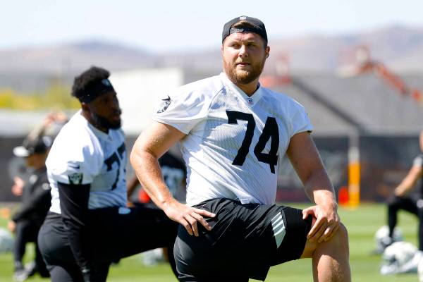 Raiders offensive tackle Kolton Miller (74) stretches during team's practice at the Intermounta ...