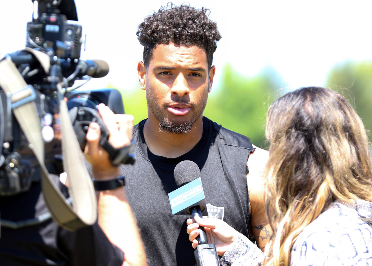 Oakland Raiders wide receiver Keelan Doss gives an interview during the NFL team's training cam ...