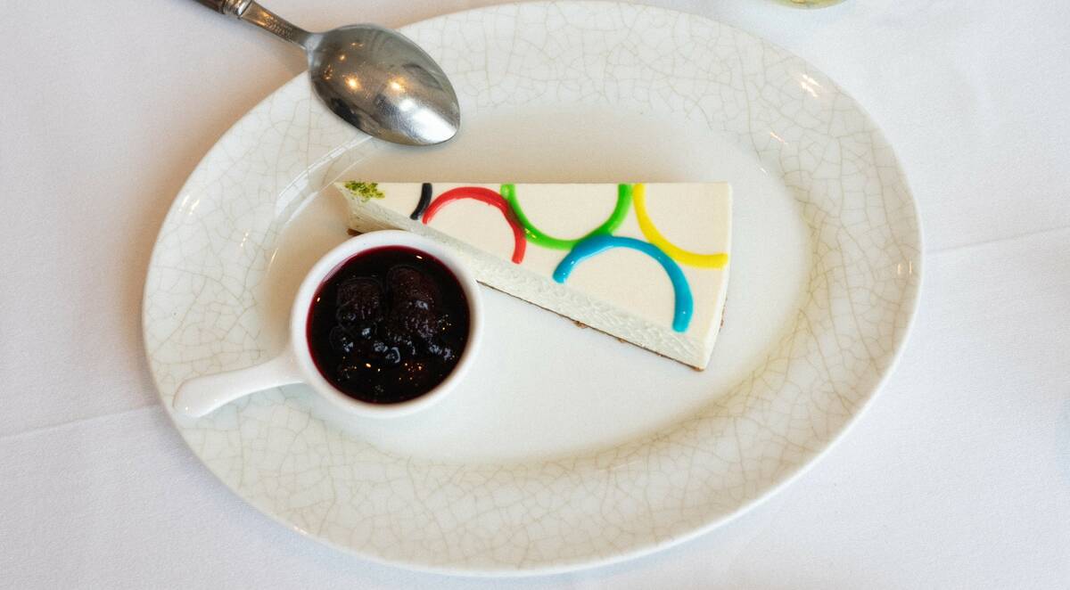 Signature cheesecake with a glaze of Olympic rings from LPM Restaurant & Bar in The Cosmopolita ...