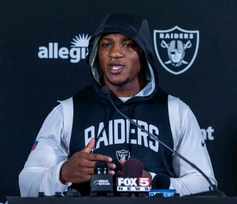 Raiders running back Zamir White (3) answers questions during a media interview on the second d ...