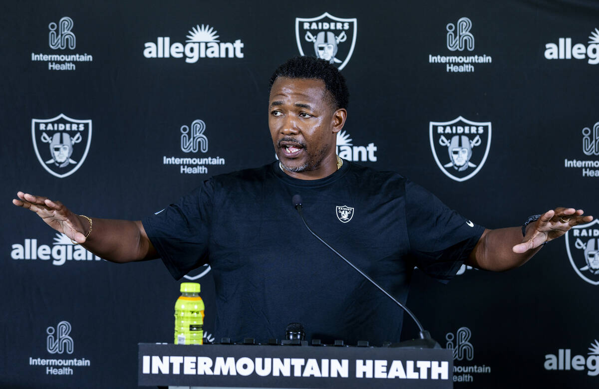 Raiders defensive coordinator Patrick Graham answers a question in a media interview during the ...