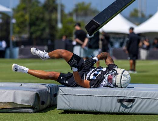 Raiders safety Jaydon Grant (40) takes out a tackling pad on a drill during the second day of R ...
