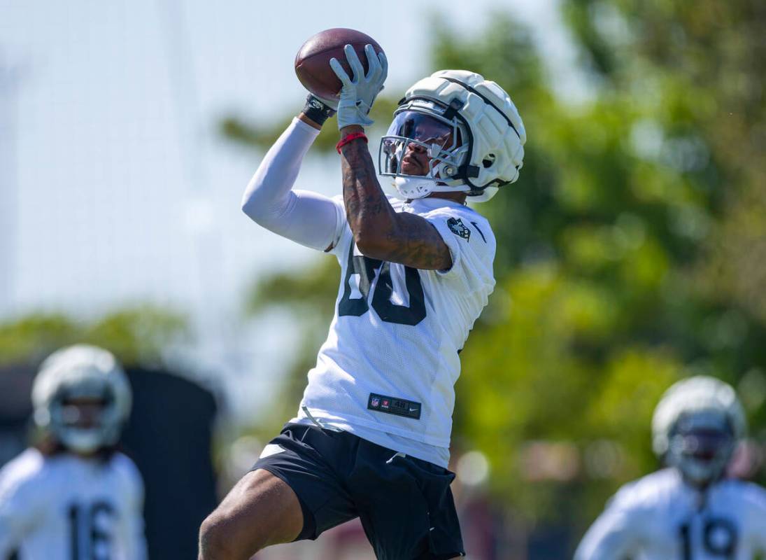 Raiders wide receiver Jeff Foreman (80) elevates to catch a pass during the second day of Raide ...