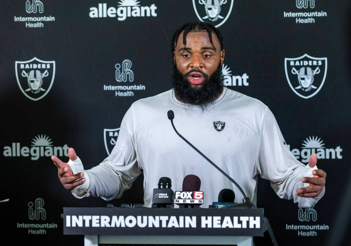 Raiders defensive tackle Christian Wilkins (94) answers a question during a media interview on ...