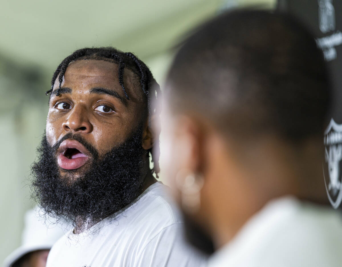 Raiders defensive tackle Christian Wilkins (94) answers a question during a media interview on ...