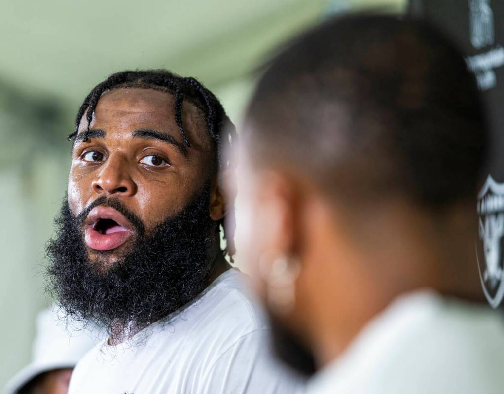 Raiders defensive tackle Christian Wilkins (94) answers a question during a media interview on ...