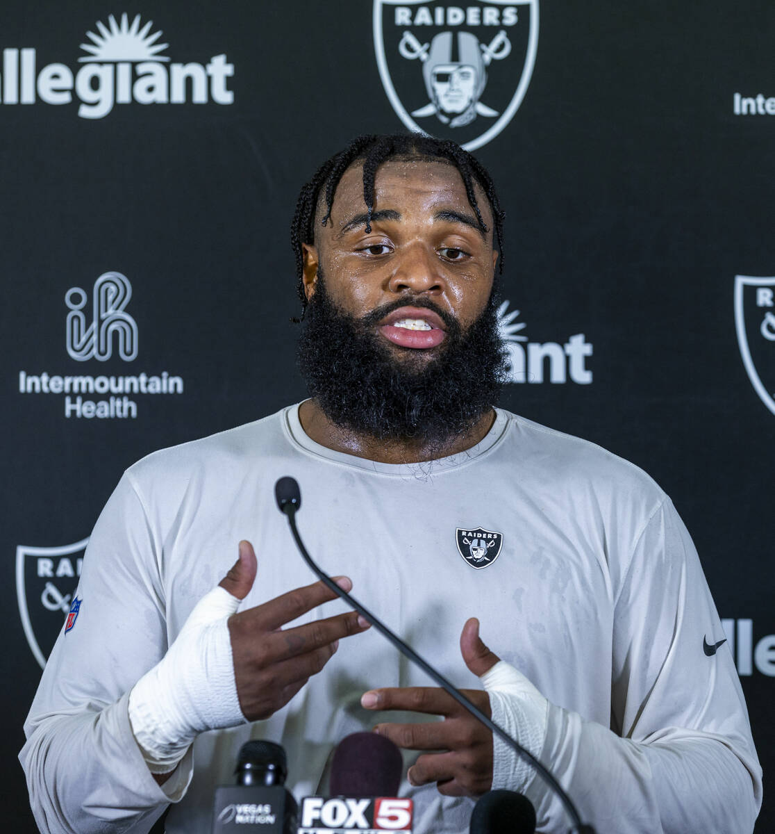 Raiders defensive tackle Christian Wilkins (94) answers a question during a media interview on ...