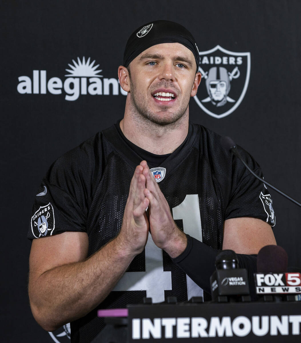 Raiders linebacker Robert Spillane (41) answers a question during a media interview on the seco ...