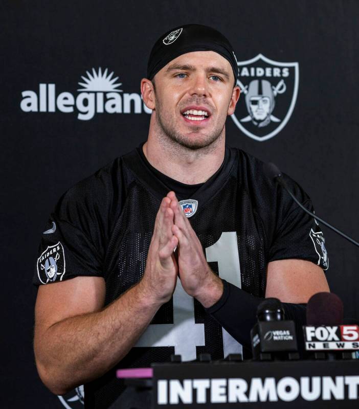 Raiders linebacker Robert Spillane (41) answers a question during a media interview on the seco ...