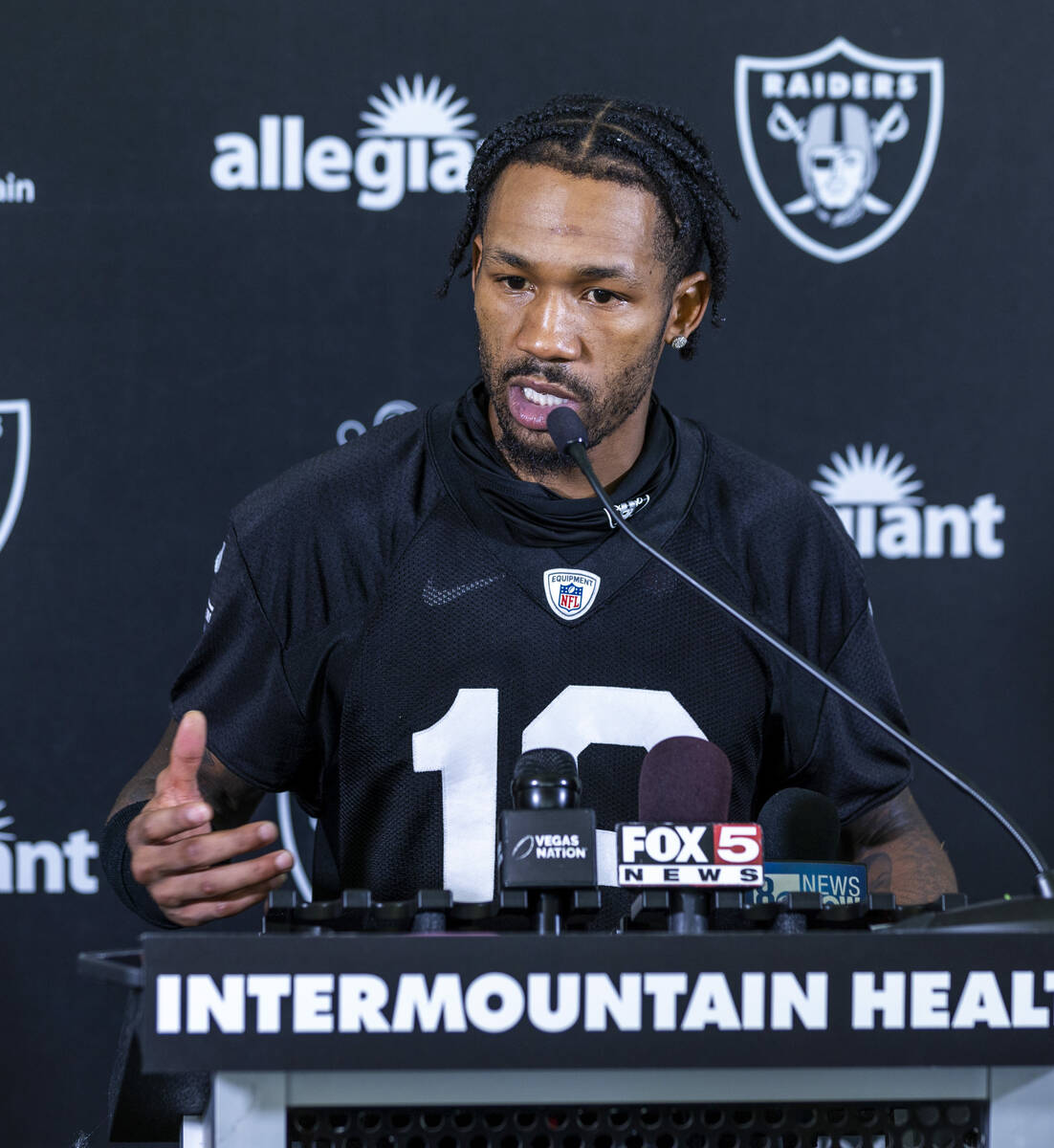 Raiders cornerback Jack Jones (18) answers a question during a media interview on the second da ...