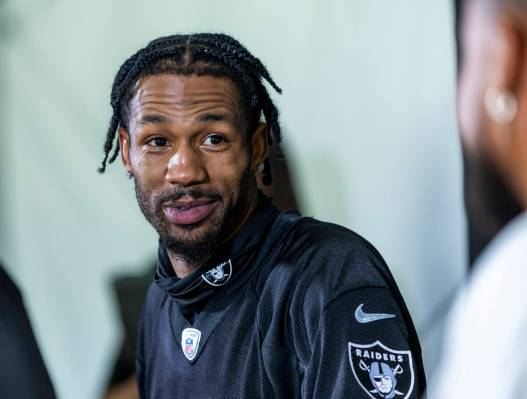 Raiders cornerback Jack Jones (18) listens to a question during a media interview on the second ...