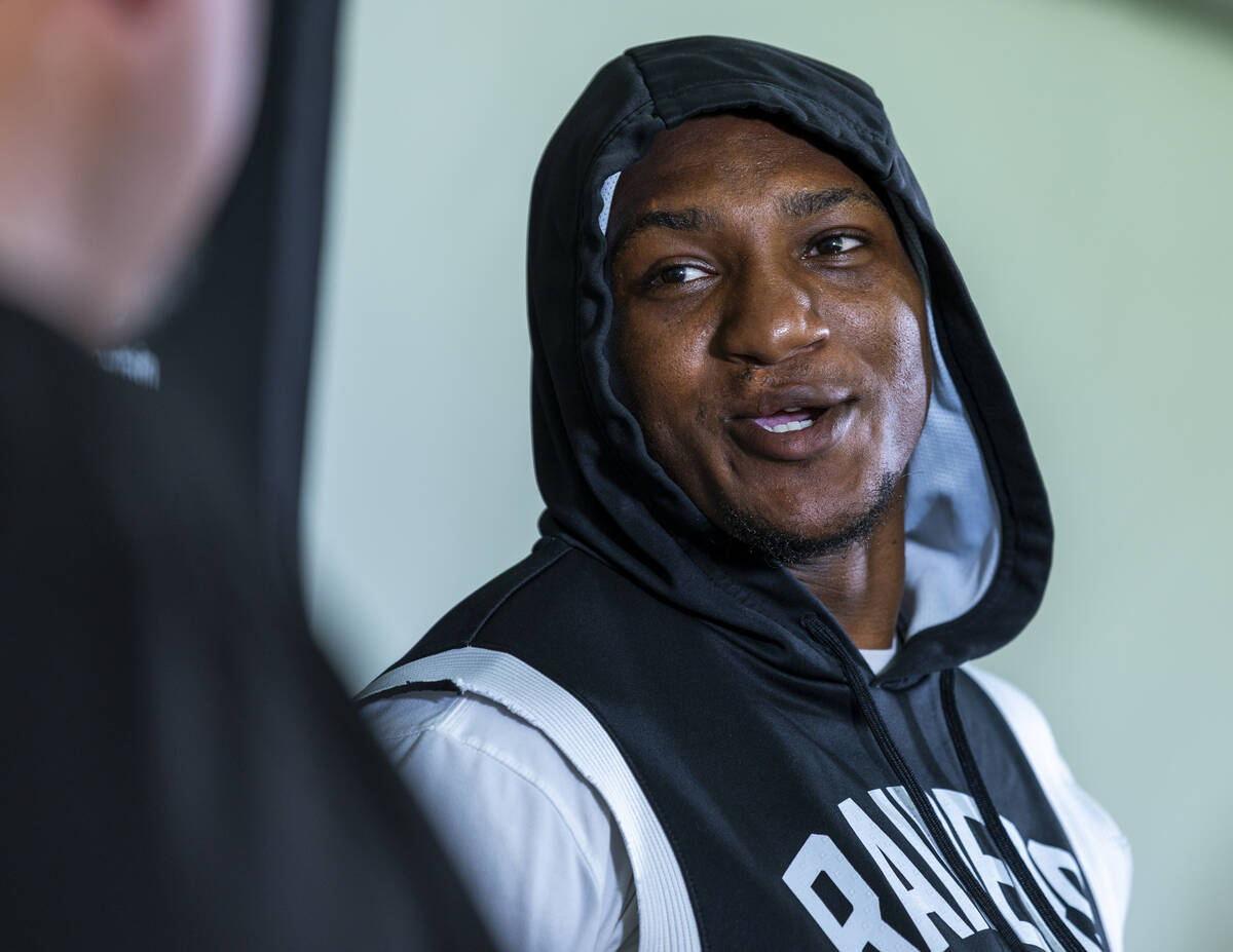 Raiders running back Zamir White (3) answers questions during a media interview on the second d ...