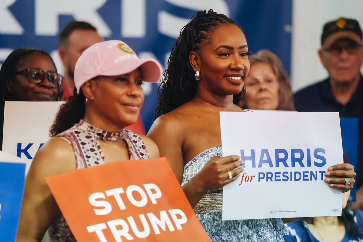 Supporters hold up signs during an event to officially launch Vice president Kamala Harris&#x20 ...