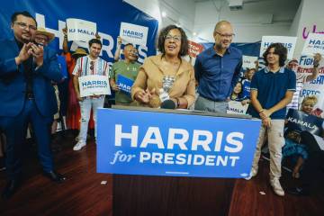 Nevada State Rep. Daniele Monroe-Moreno, chairperson of the Nevada Democratic Party, takes in a ...