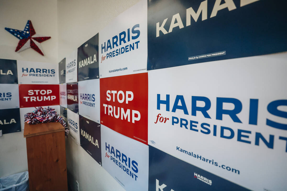 Campaign signs line the walls during an event to officially launch Vice president Kamala Harris ...