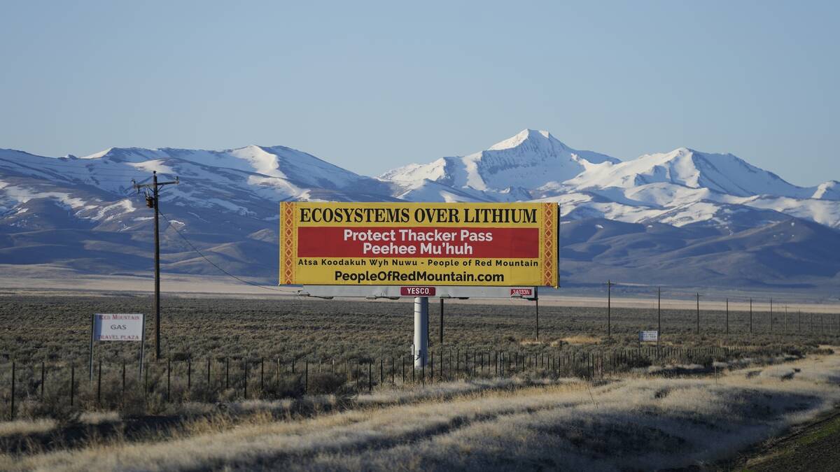 A billboard reads "Protect Thacker Pass" near the Fort McDermitt Paiute-Shoshone Indian Reserva ...