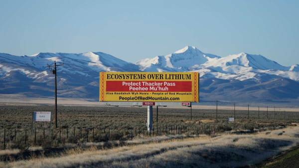 A billboard reads "Protect Thacker Pass" near the Fort McDermitt Paiute-Shoshone Indian Reserva ...