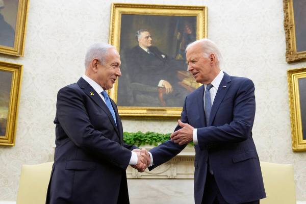 President Joe Biden meets with Israeli Prime Minister Benjamin Netanyahu in the Oval Office of ...