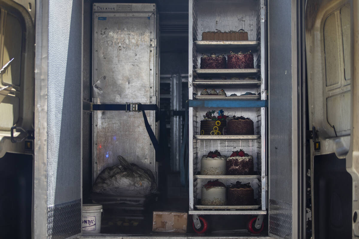 Charred cakes dry off after Las Vegas Fire & Rescue responds to a Freed’s Bakery del ...