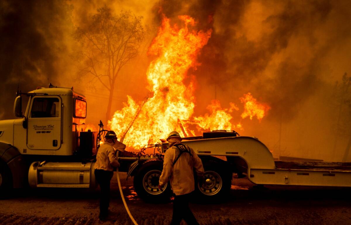 Firefighters spray water as the Park Fire tears though the Cohasset community in Butte County, ...