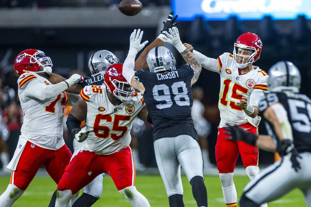 Raiders defensive end Maxx Crosby (98) reaches to bock a pass by Kansas City Chiefs quarterback ...