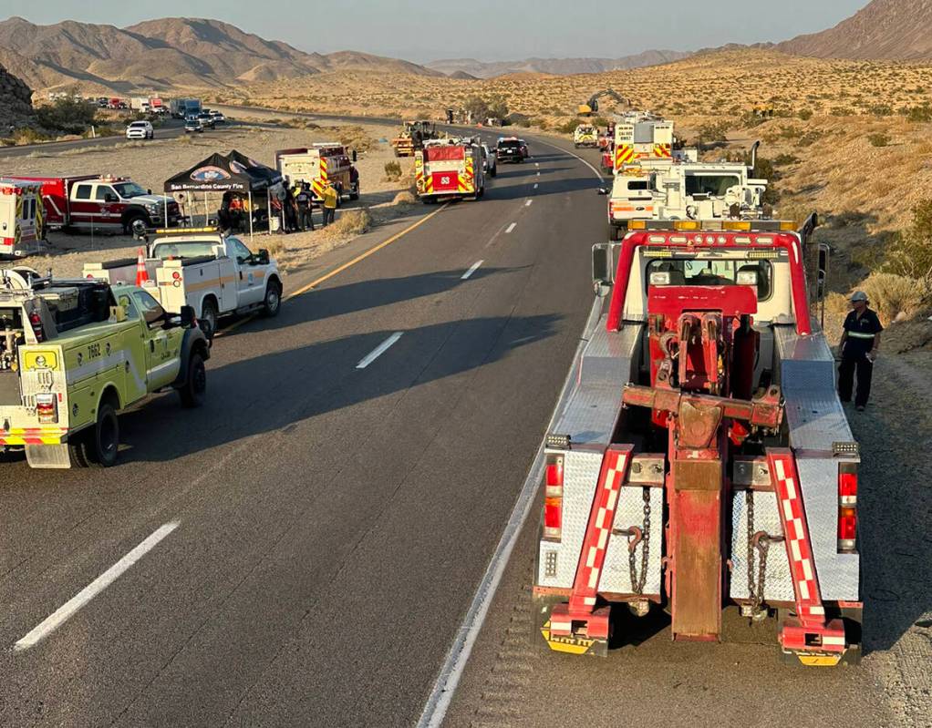 San Bernardino County Fire Department vehicles at the scene of a lithium-ion battery fire on In ...