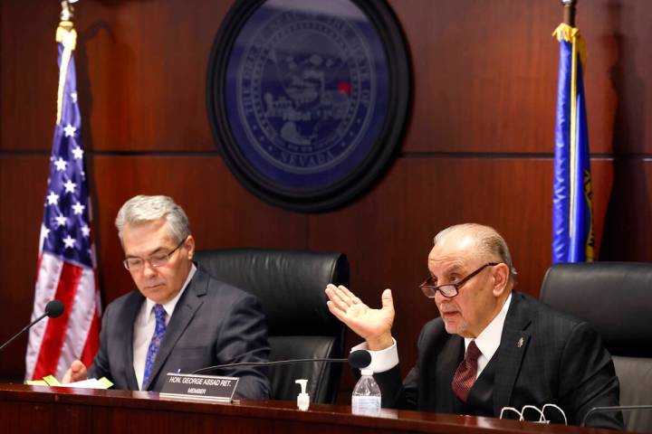 The Nevada Control Board Chairman Kirk Hendrick, left, listens to Gaming Control Board member G ...