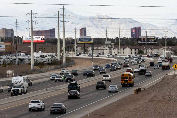 File - Motorists navigate on U.S. Highway 95, on Friday, March 10, 2023, as seen from Russell R ...