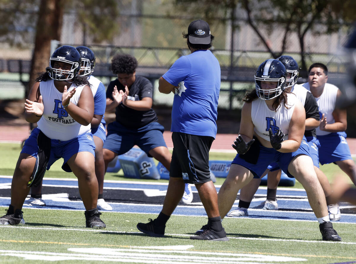 Desert Pines head coach Jose Flores watches as his players execute some defensive drills during ...