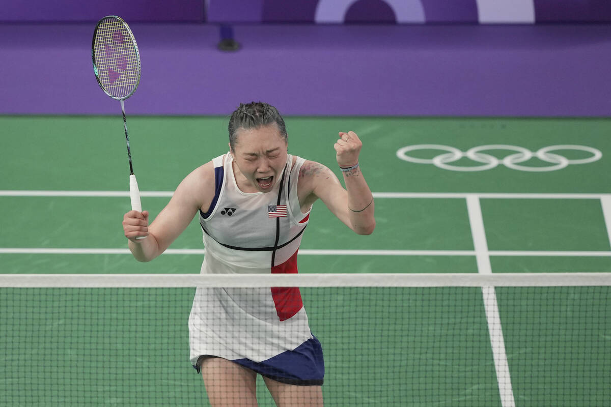 United States' Zhang Beiwen celebrates after defeating Vietnam's Nguyen Thuy Linh during their ...