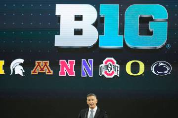 Big Ten Commissioner Tony Petitti speaks during an NCAA college football news conference at the ...