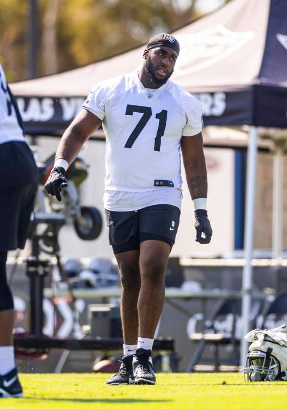 Raiders offensive tackle DJ Glaze (71) takes the field during the second day of Raiders trainin ...