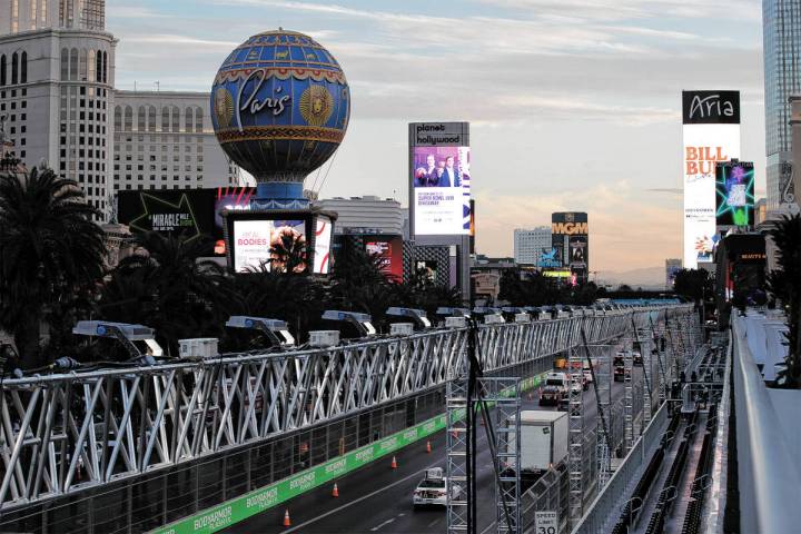 File - Traffic on Las Vegas Boulevard as seen from the grandstands at the Bellagio Fountain Clu ...