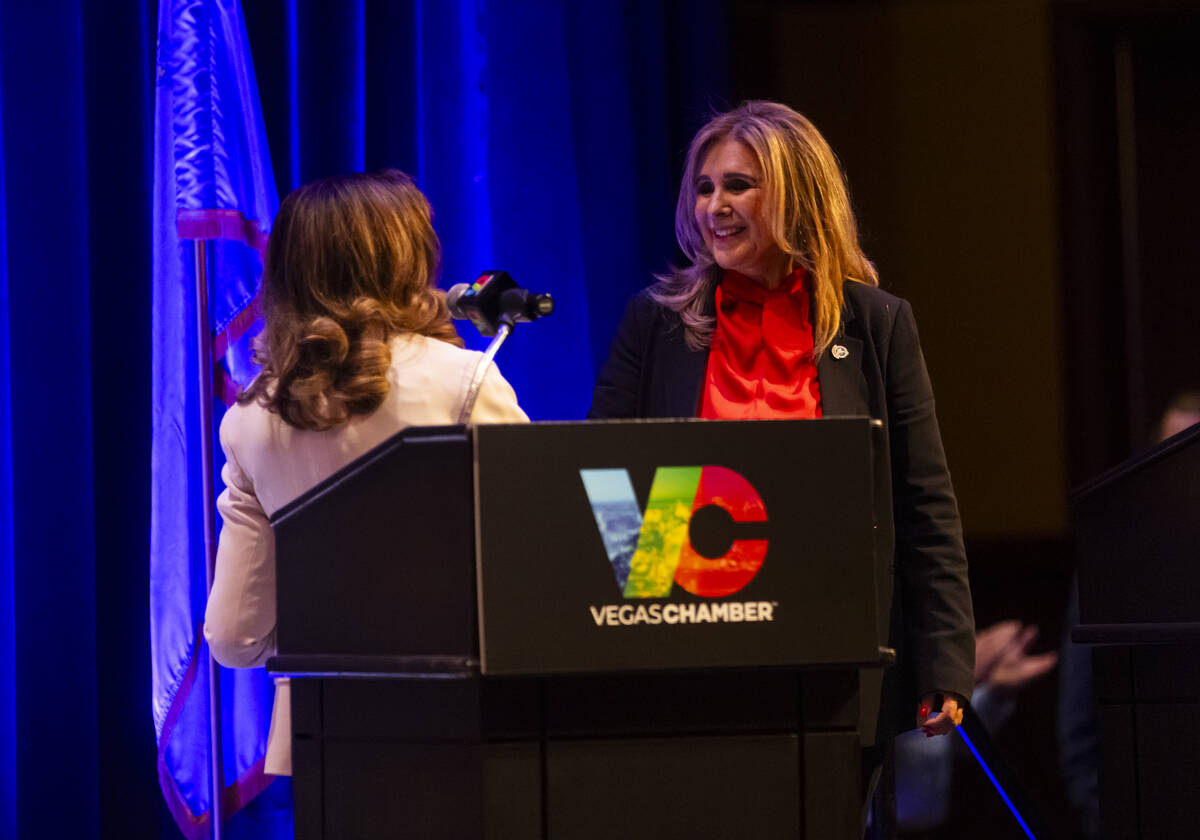 Councilwoman Victoria Seaman, right, candidate for Las Vegas mayor, greets former U.S. Rep. She ...