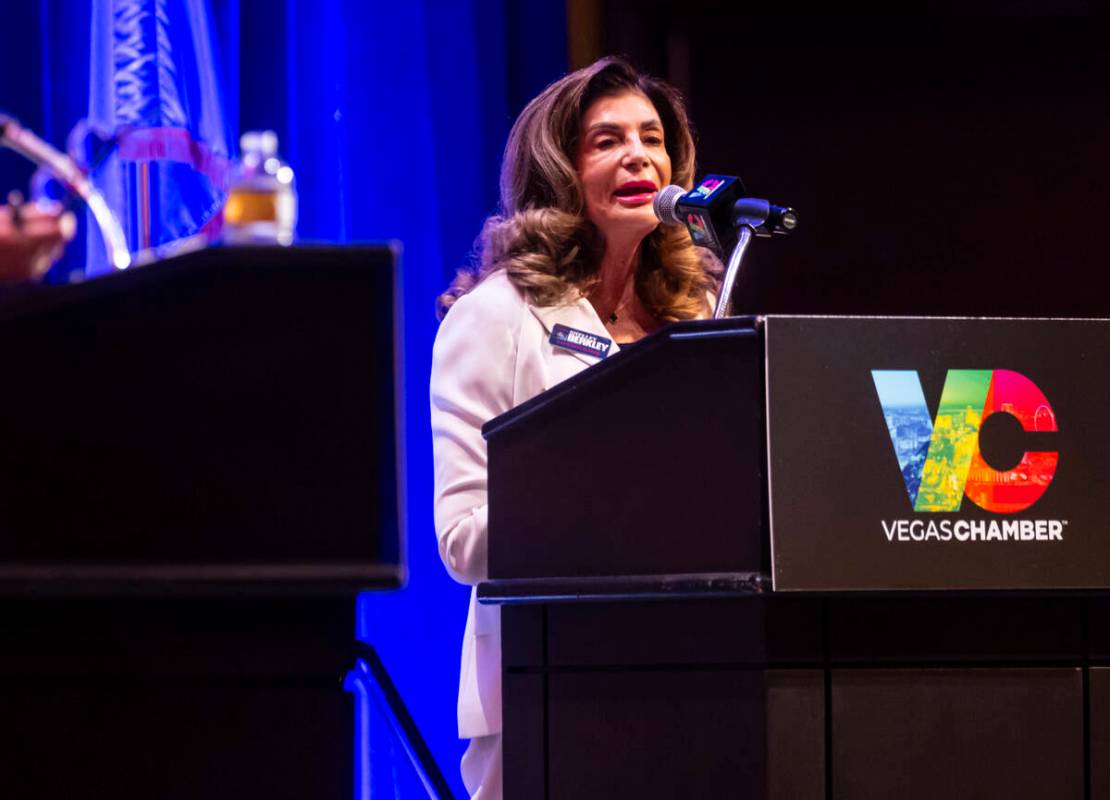 Former U.S. Rep. Shelley Berkley speaks during a mayoral debate against Councilwoman Victoria S ...