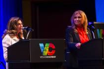 Former U.S. Rep. Shelley Berkley, left, candidate for Las Vegas mayor speaks during a debate w ...