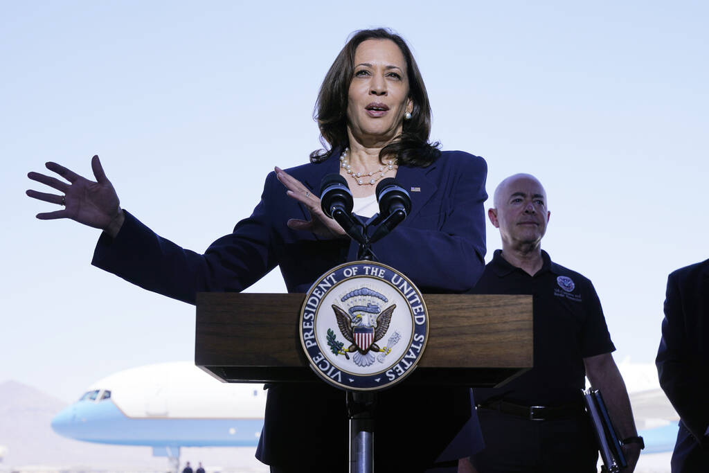 File - Vice President Kamala Harris talks to the media, Friday, June 25, 2021, after her tour o ...